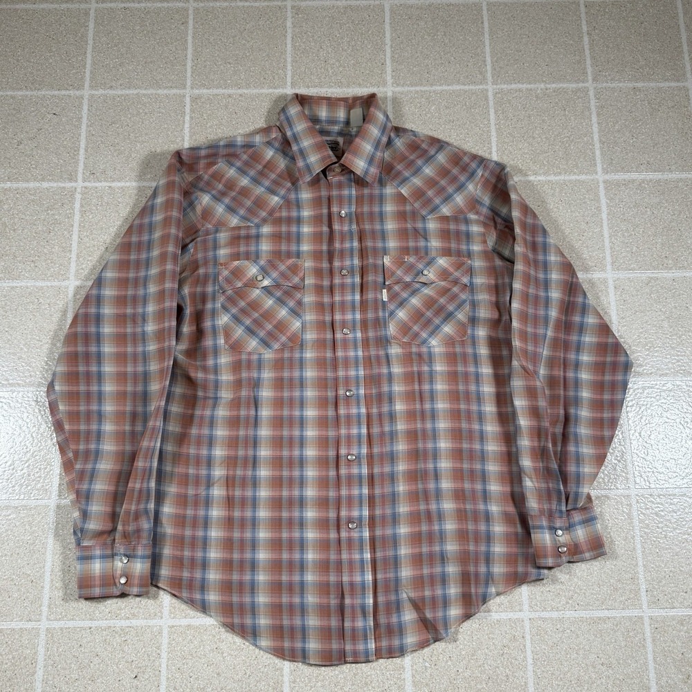 Vtg 70s Levis White Tab Western Shirt Plaid Pearl Snap Button Long Sleeve Sz L